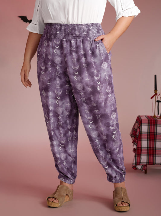 Starry Print Shirred Wide Waistband Pants