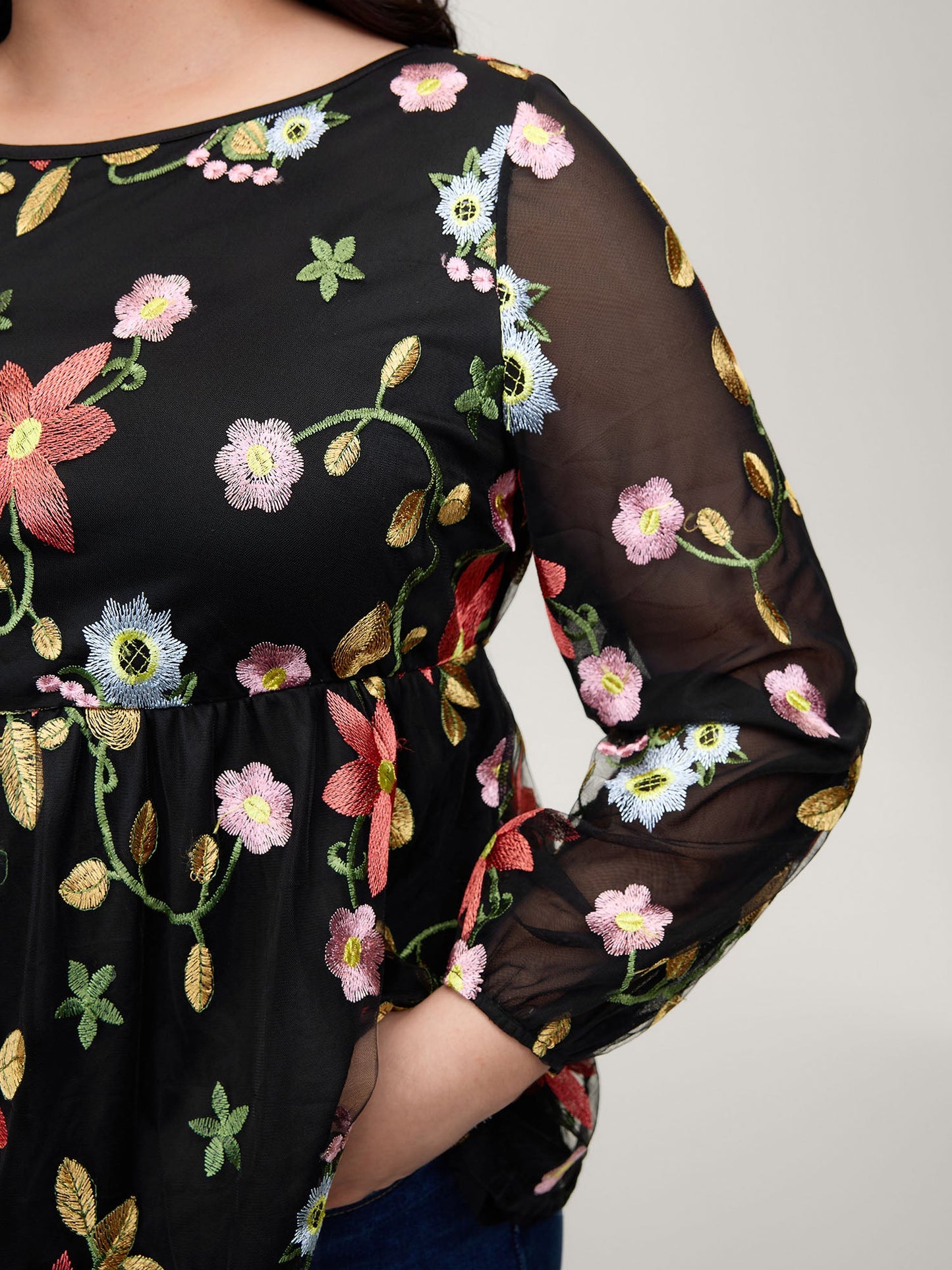 Floral Embroidered Mesh Knit Top
