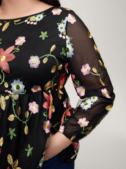 Floral Embroidered Mesh Knit Top