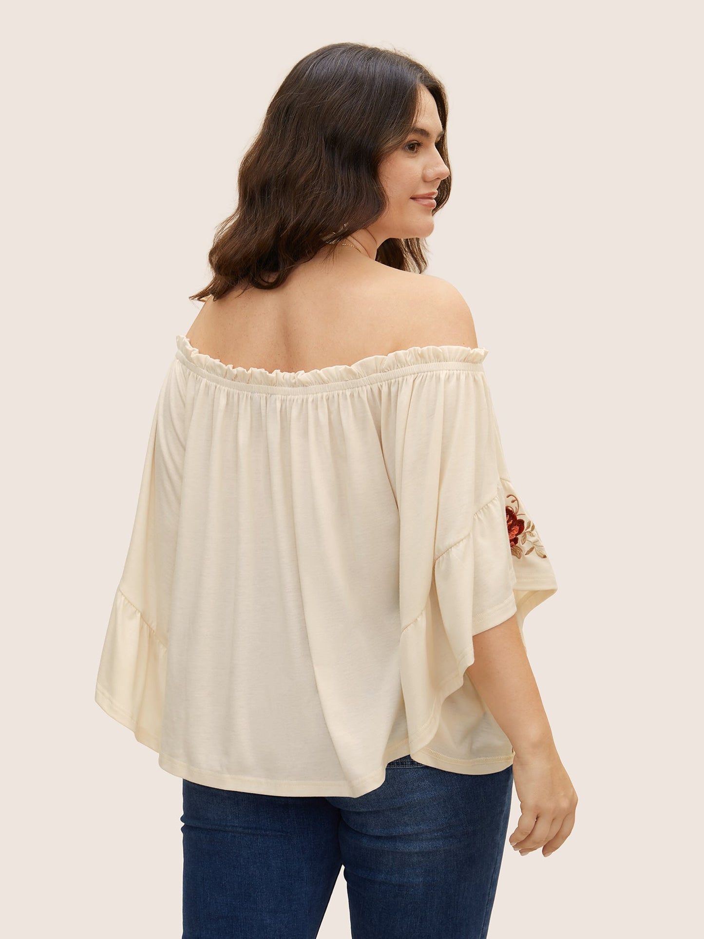 Off Shoulder Floral Embroidered Ruffle Sleeve T-shirt