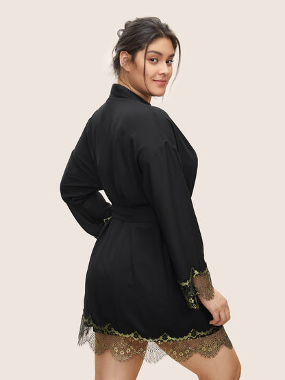 Contrast Lace Patchwork Scalloped Trim Belted Robe