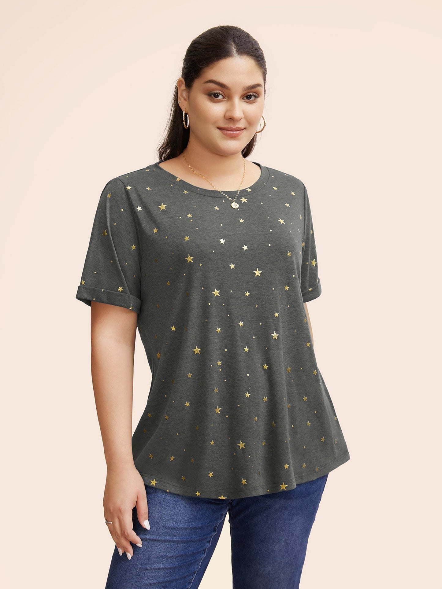 Star Glitter Cuffed Sleeve Crew Neck T-shirt