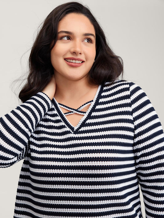 Stripe Stretchy Print V-Neck T-Shirt