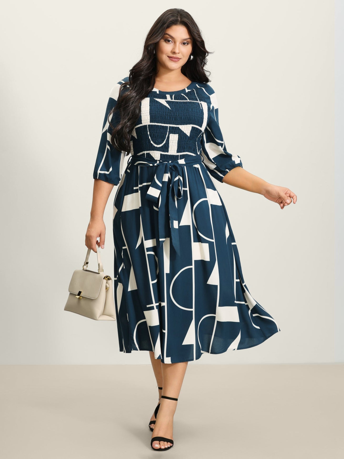 Supersoft Geometrical Print Shirred Bodice Tie Maxi Dress