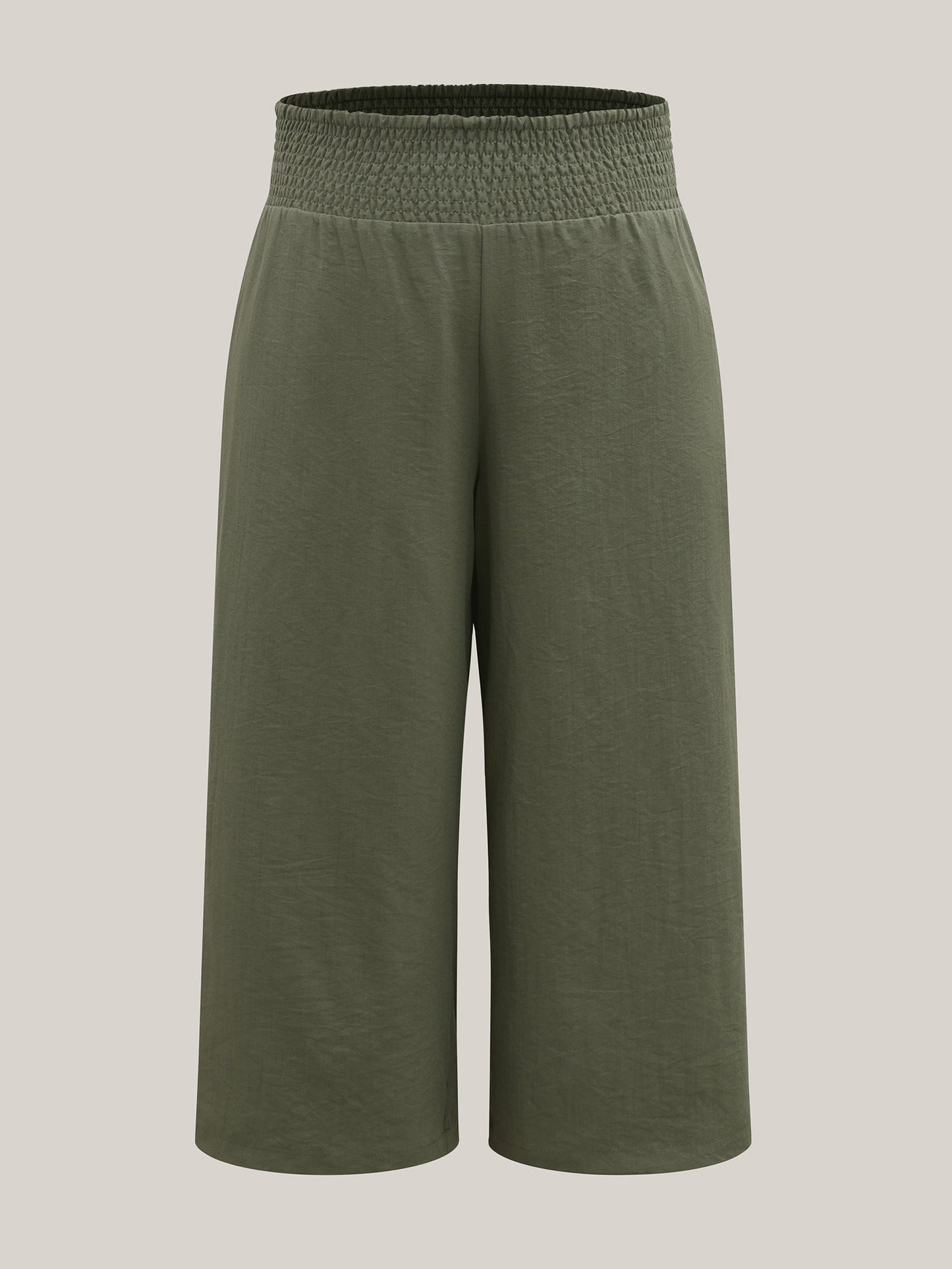 Shirred Waist Wide-Leg Solid Pants