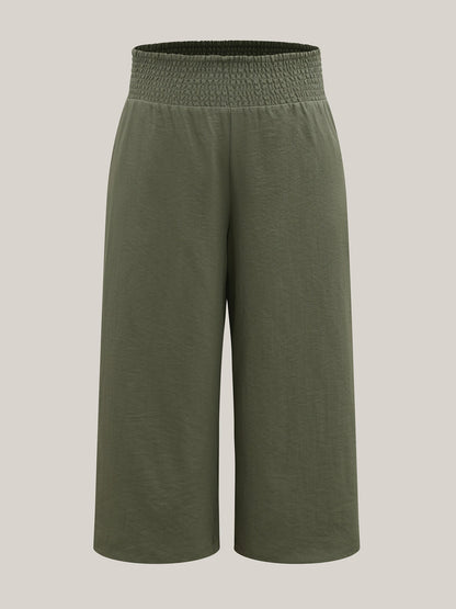Shirred Waist Wide-Leg Solid Pants