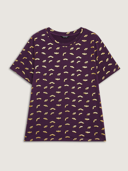 Shimmery Gold Bat Print Crewneck T-Shirt