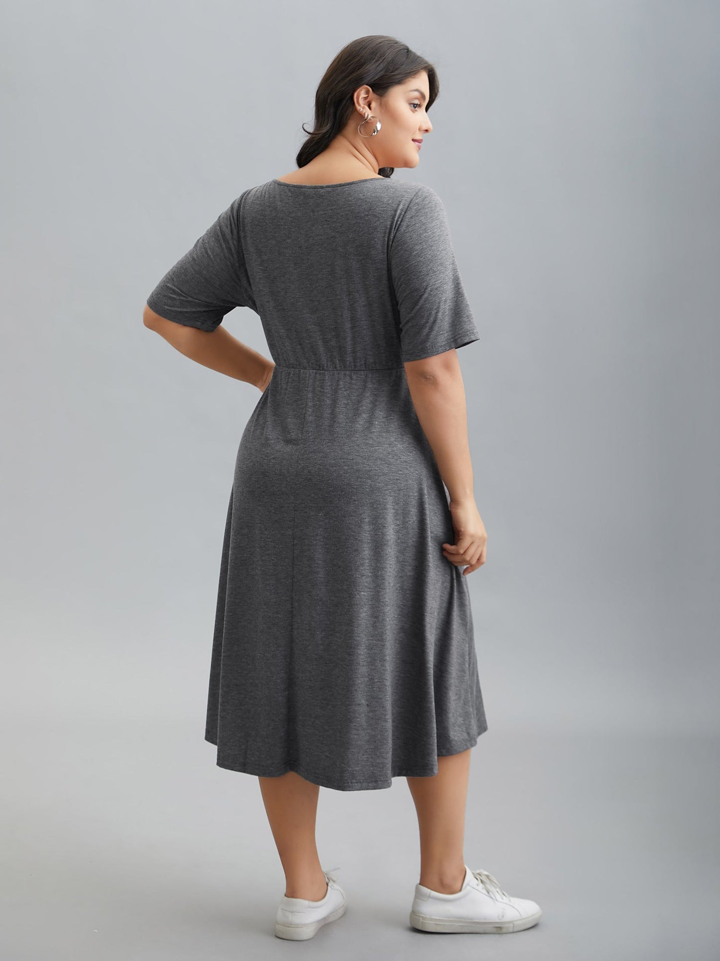 Gathered Button Detail Plain Knit Dress