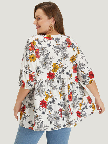 Floral Lantern Sleeve Lace Gathered Notched Blouse
