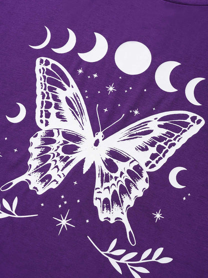 Butterfly & Moon Print Round Neck T-shirt