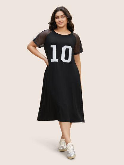 Number Print Striped Mesh Patchwork Midi Dress