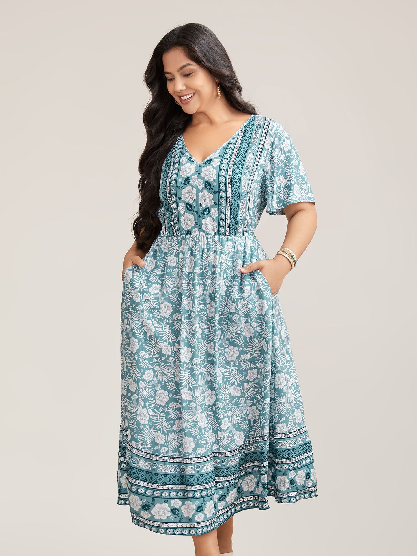Floral Print Stretchy Waist Pockets Midi Dress