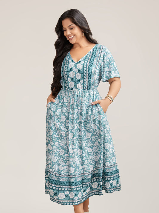 Floral Print Stretchy Waist Pockets Midi Dress
