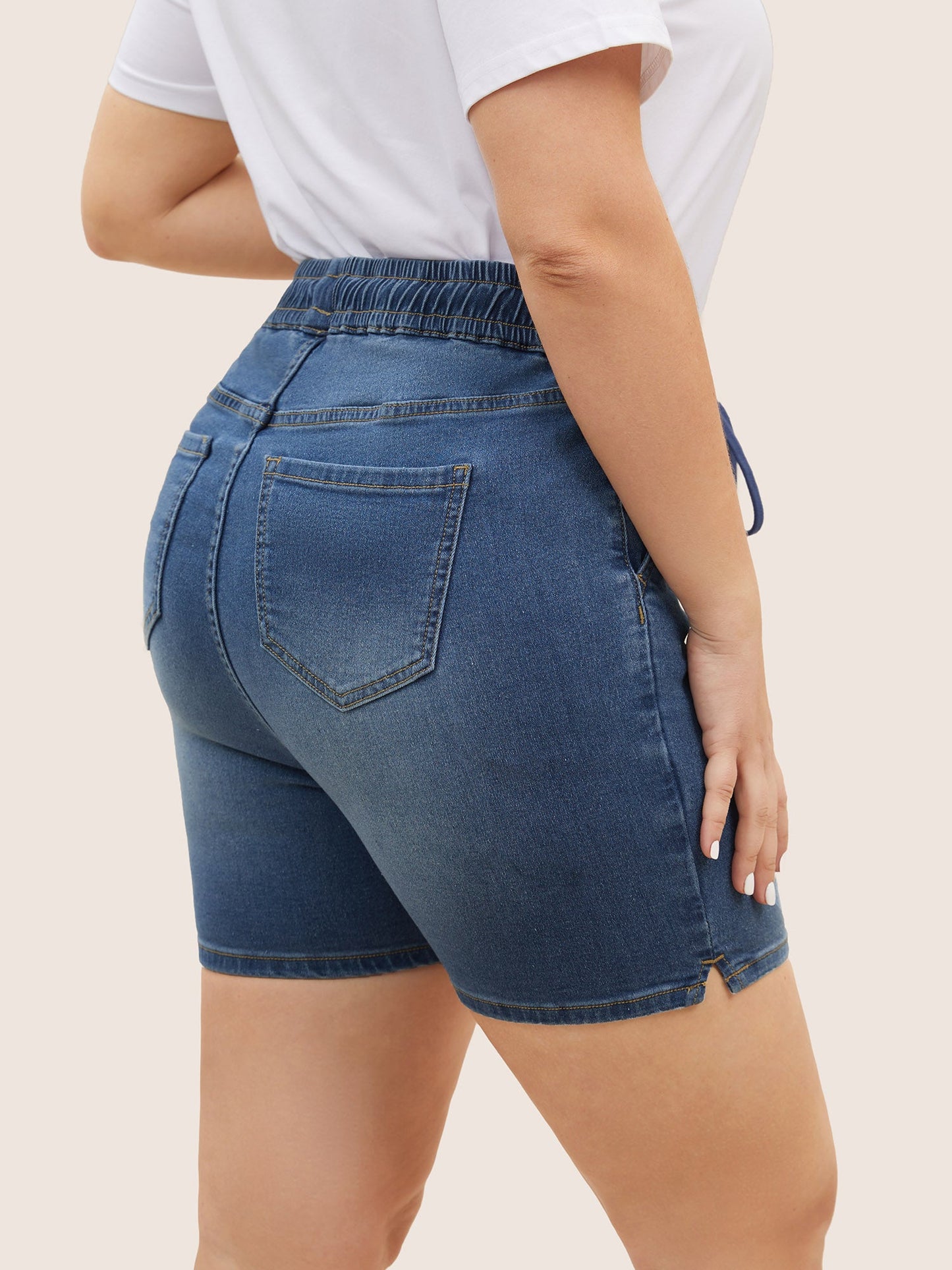 Light Wash Elastic Waist Drawstring Denim Shorts