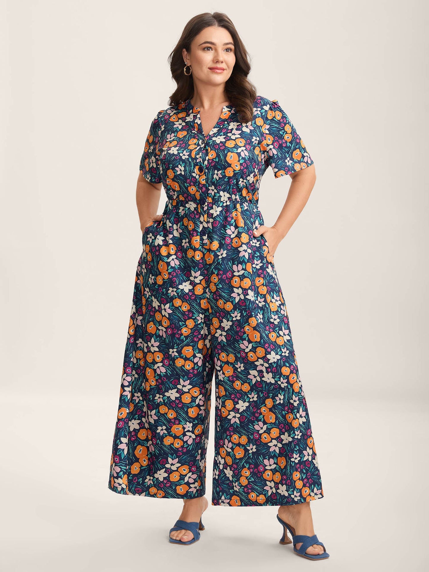 Abstract Floral Print Button Jumpsuit