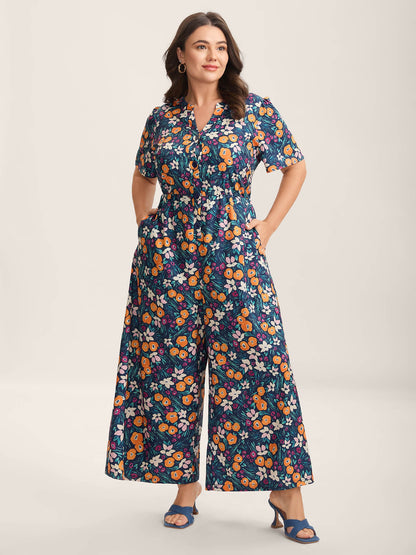 Abstract Floral Print Button Jumpsuit