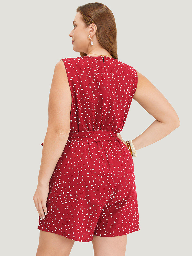 Polka Dot V Neck Pocket Sleeveless Belted Romper