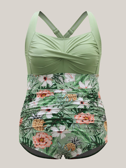 Twist-Front Floral Spliced One-Piece Swimsuit