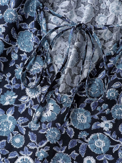Cotton Floral Print Toothpick Pleats Blouse