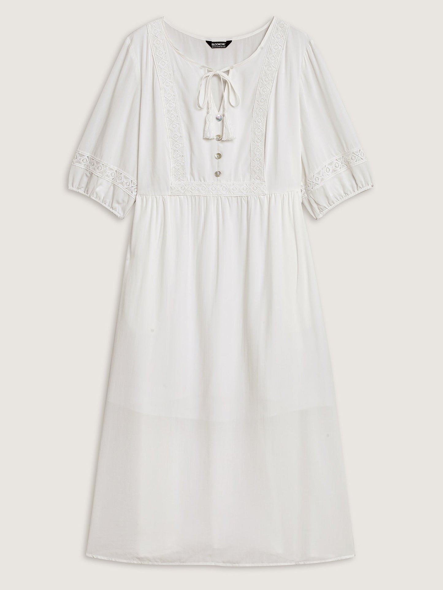 Rayon Lace Trim Cinched-Waist Midi Dress
