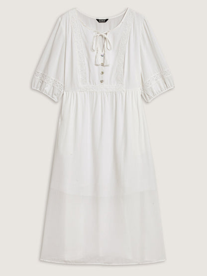 Rayon Lace Trim Cinched-Waist Midi Dress