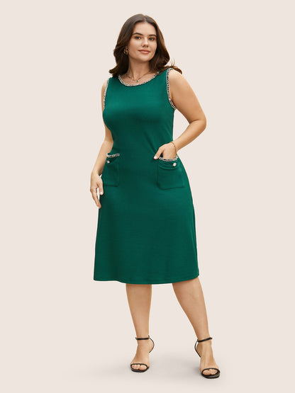 Round Neck Contrast Webbing Patched Pocket Dress