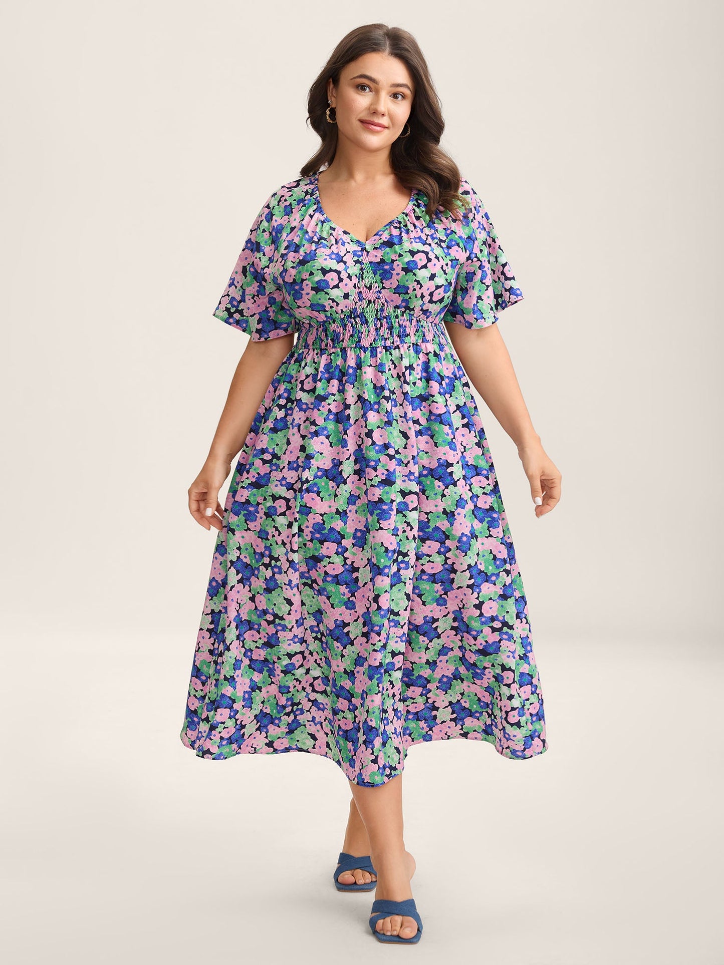 Floral Print Shirred Waist Midi Dress
