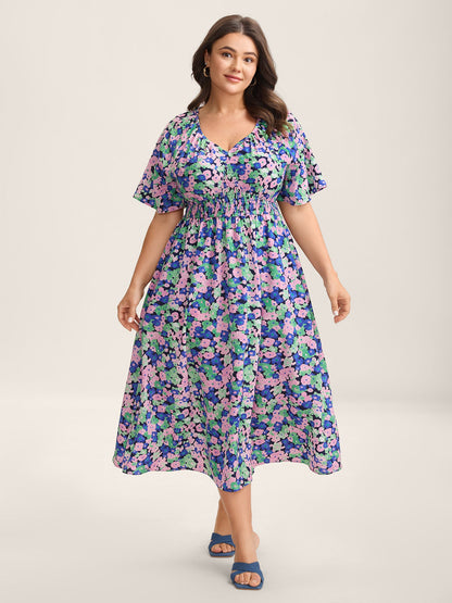 Floral Print Shirred Waist Midi Dress