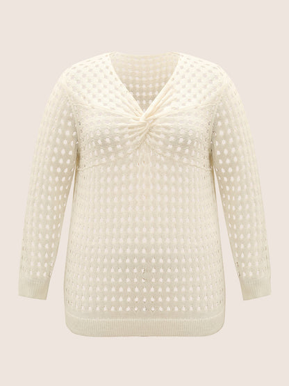 Twist Front Pointelle Knit Split Hem Pullover