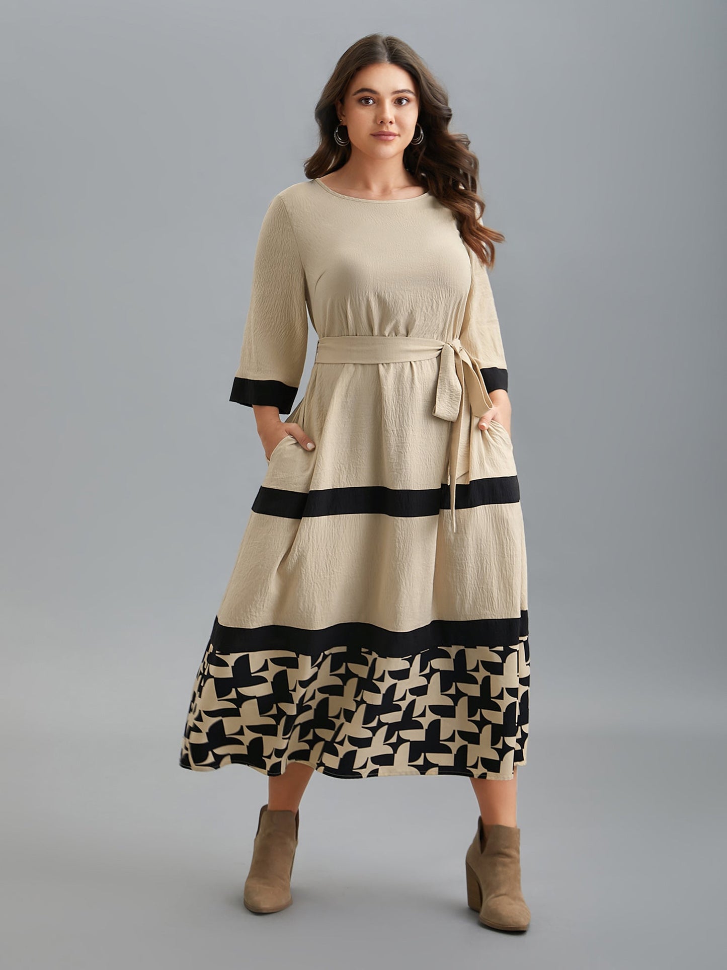 Color-Block Belted Pockets Midi Dress
