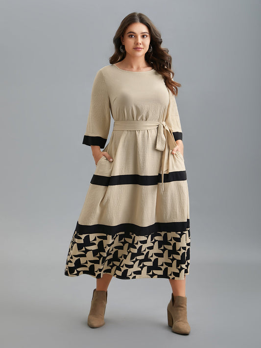 Color-Block Belted Pockets Midi Dress