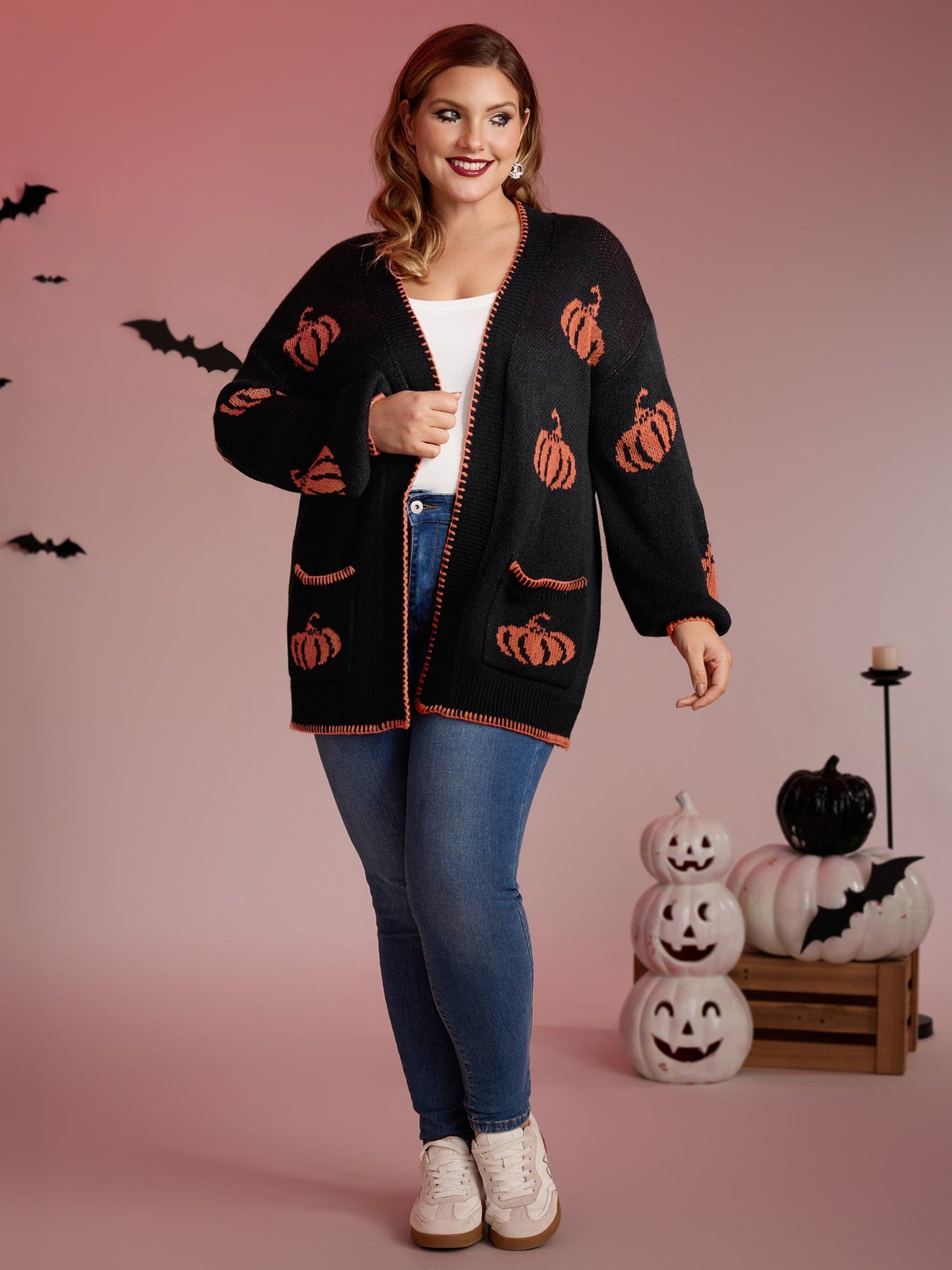 Halloween Pumpkin Print Contrast Knit Cardigan