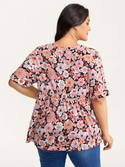 Floral Print Stretchy Waist Babydoll Top