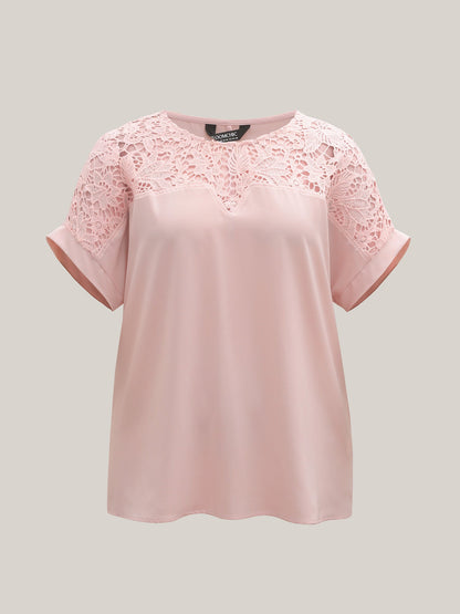 Sheer Lace Neck Half Sleeve Shirt