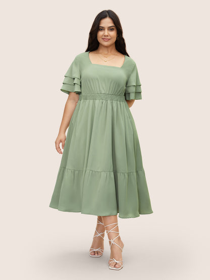 Square Neck Shirred Tiered Ruffle Sleeve Dress