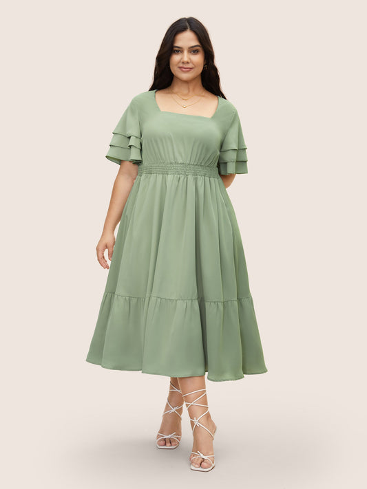 Square Neck Shirred Tiered Ruffle Sleeve Dress