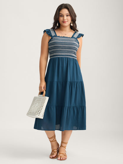 Fancy Shirred Flutter Tiered Pockets Midi Dress