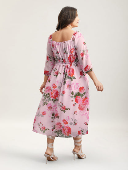 Rosy Print Pockets Pleated Midi Dress