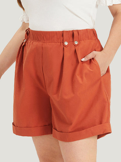 Solid Pocket Pleated Roll Hem Button Detail Shorts