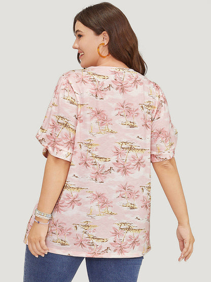 Coconut Tree Print Gathered Twist Sleeve T-shirt