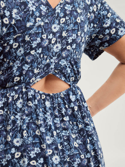 Florals Crossover Back Cut-Out Midi Dress