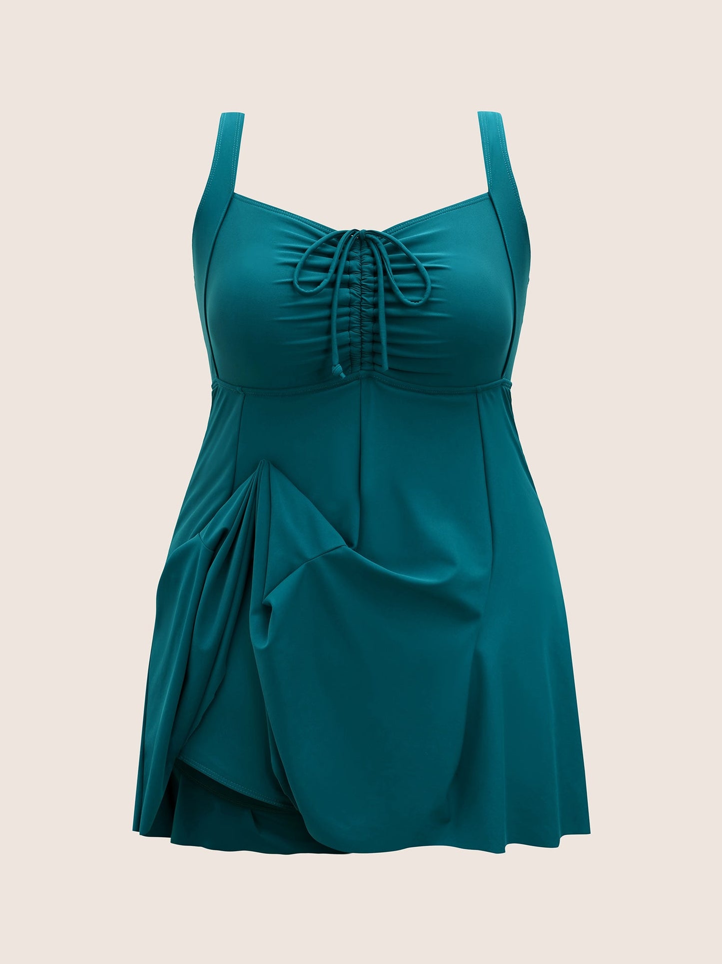 Heart Neckline Drawstring Patchwork Pleated Swim Dress