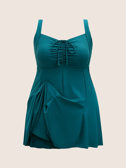 Heart Neckline Drawstring Patchwork Pleated Swim Dress