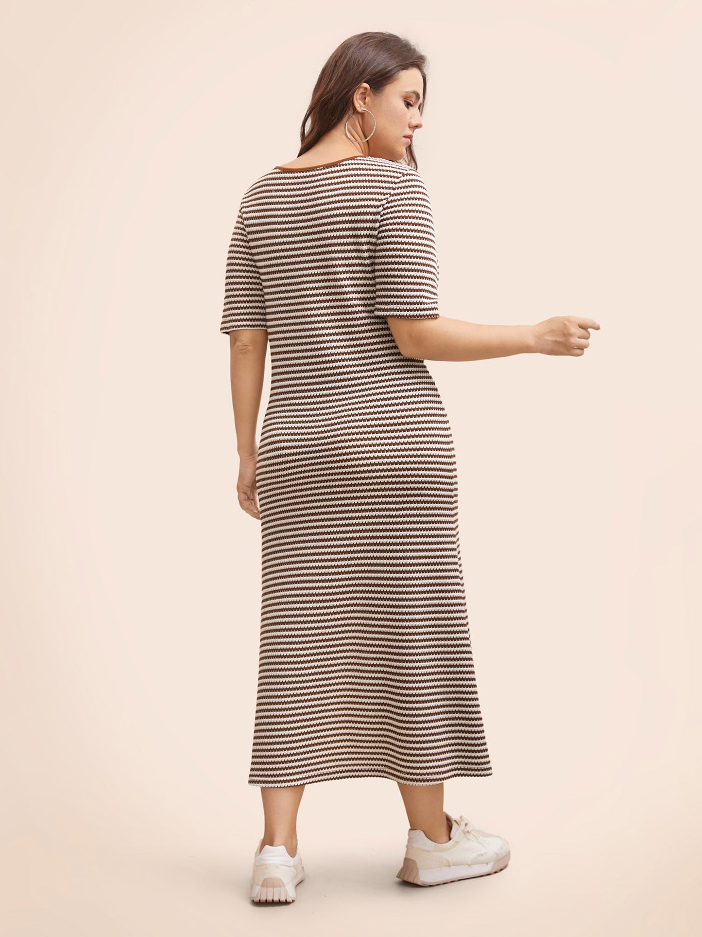 Striped Textured Square Neck Midi Dress