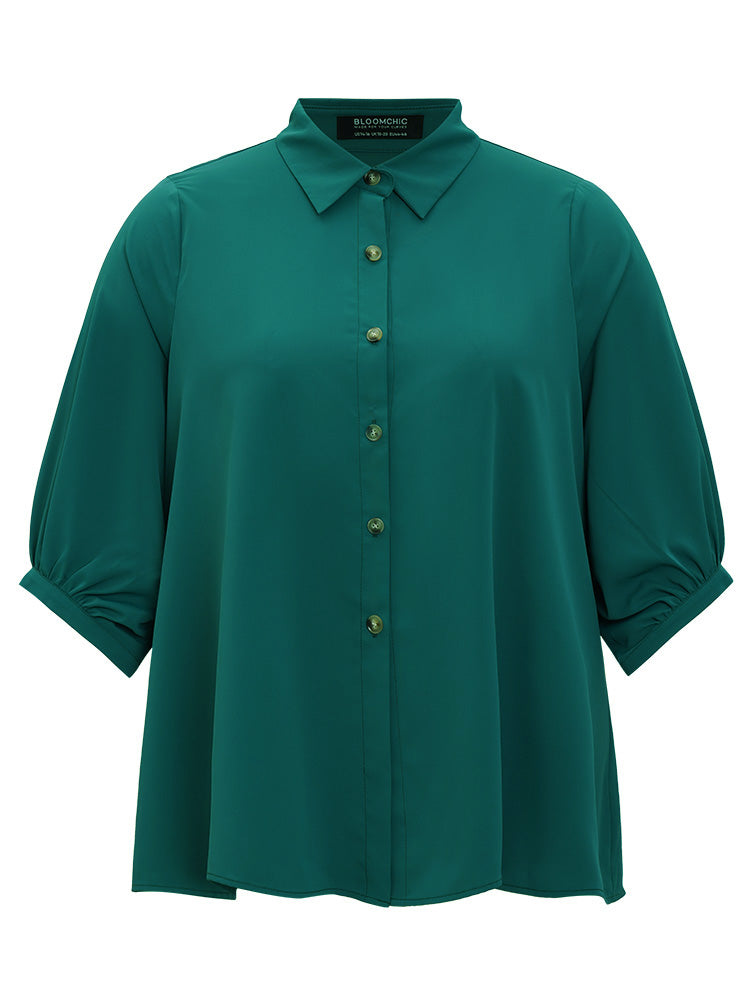 Anti-Wrinkle Solid Shirt Collar Lantern Sleeve Button Up Blouse
