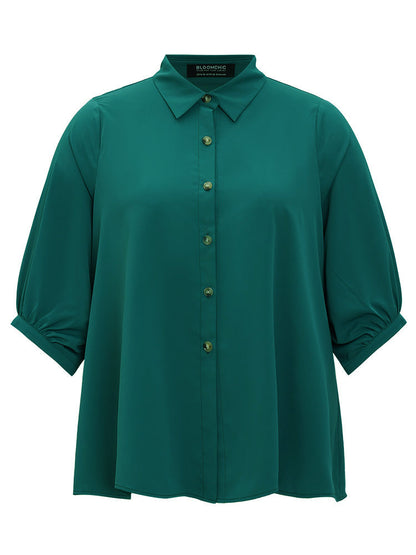 Anti-Wrinkle Solid Shirt Collar Lantern Sleeve Button Up Blouse