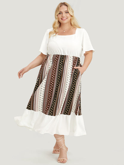 Bandana Patchwork Square Neck Pocket Ruffles Hem Dress