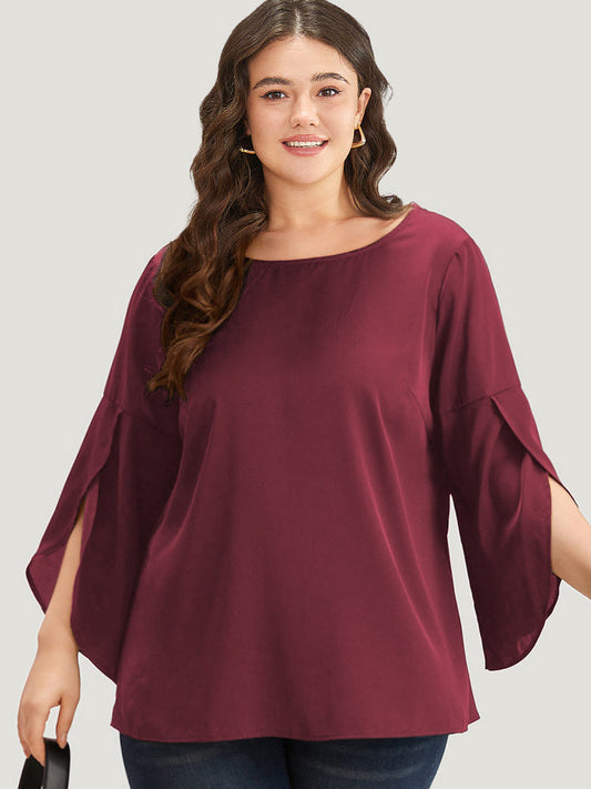 Plain Wrap Flutter Sleeve Crew Neck Blouse