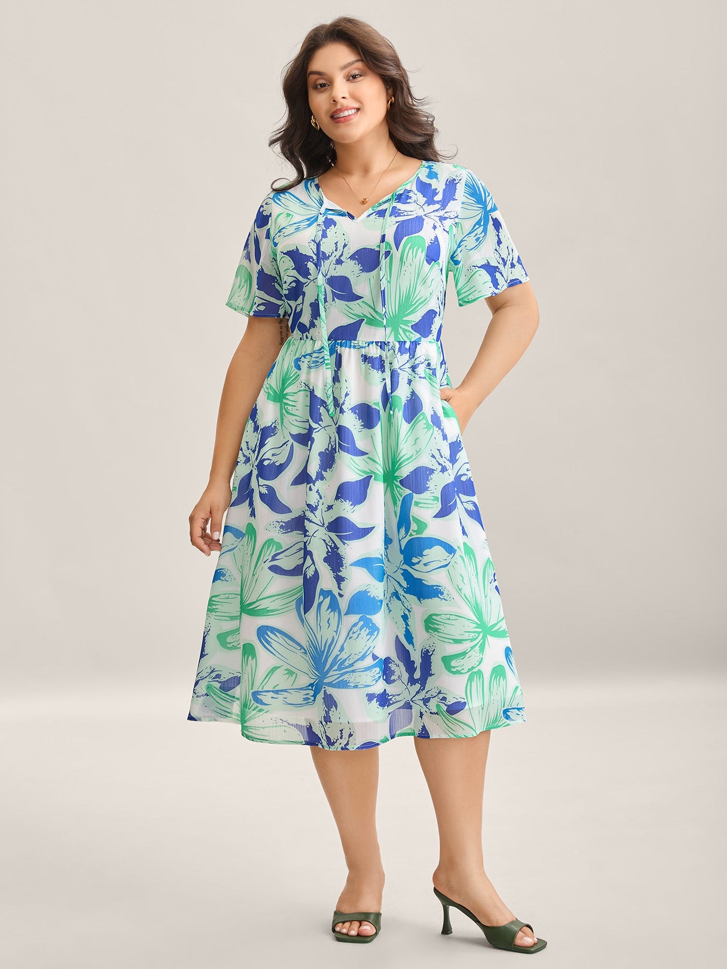 Chiffon Floral Neck Tie Lined Midi Dress