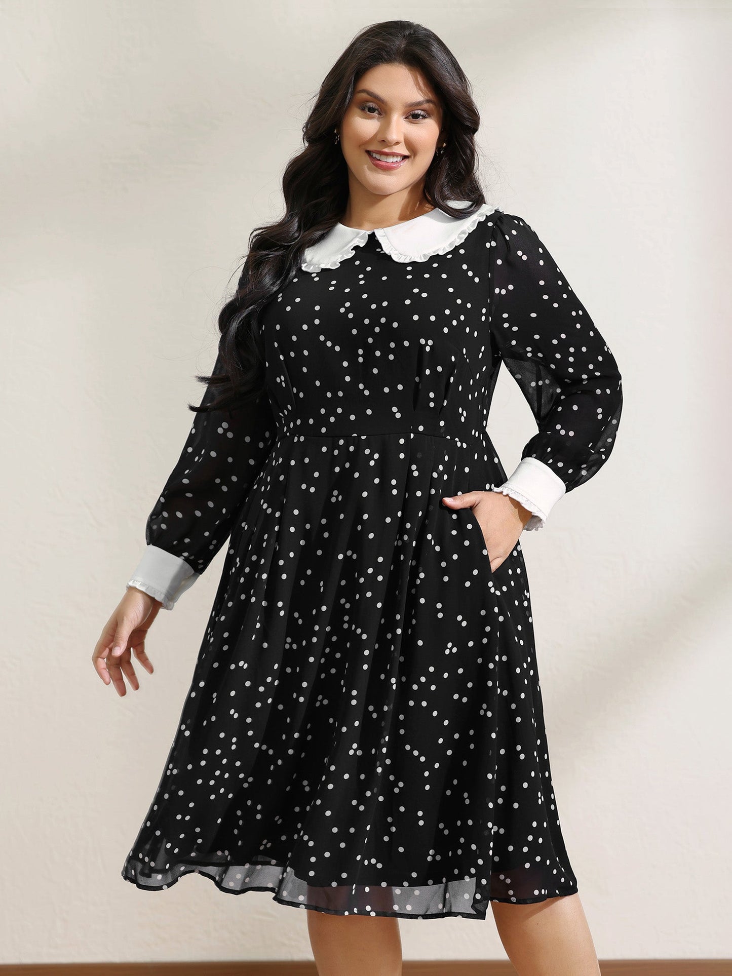 Polka Dots Doll Collar Contrast Midi Dress